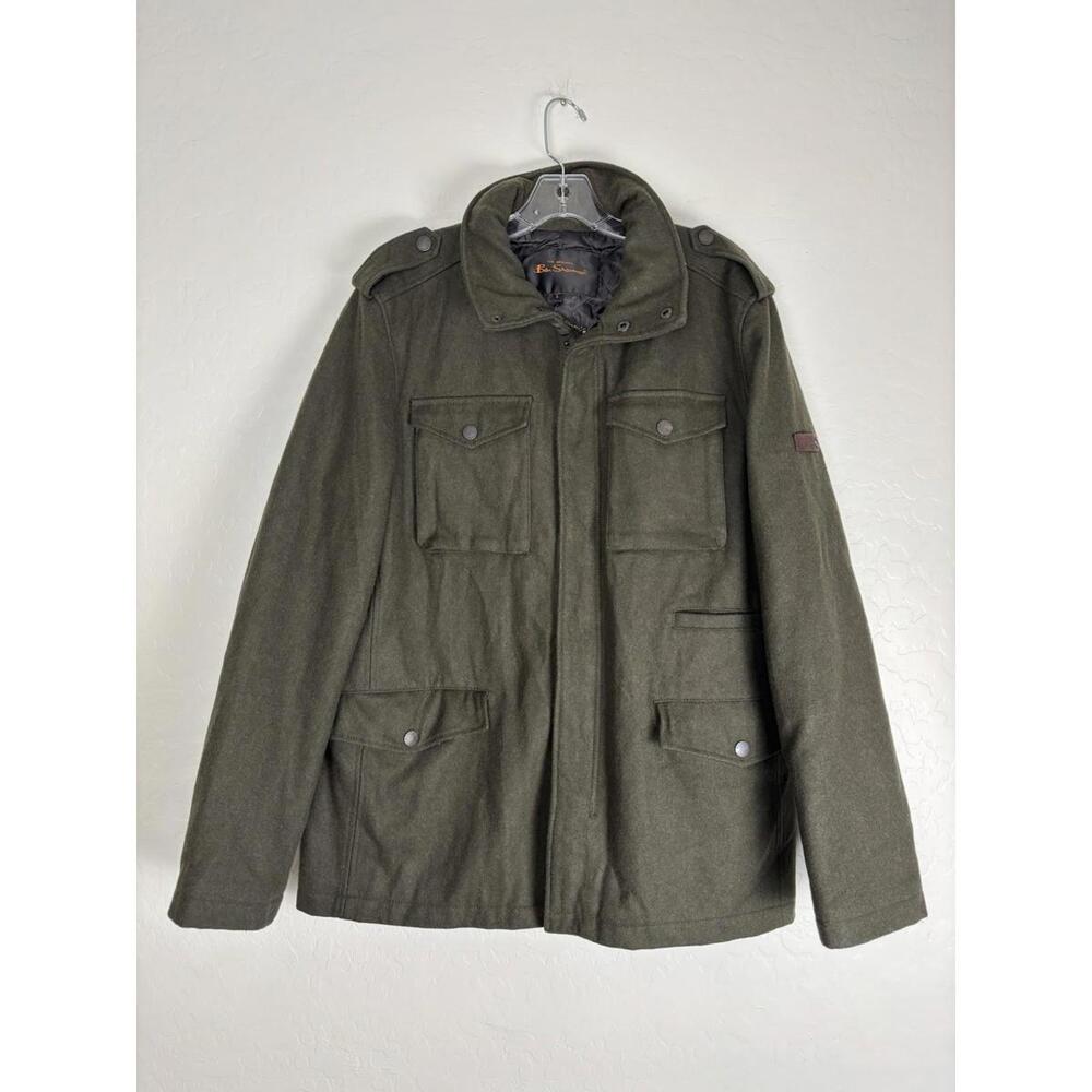 Ben Sherman Mens Wool Blend Field Jacket Olive Green Quilted Lined Hooded L 1908